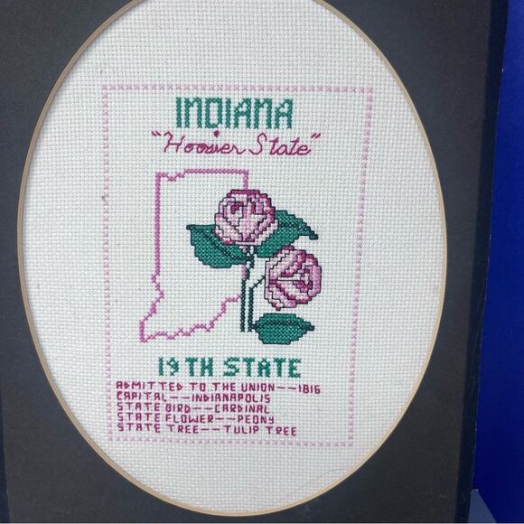 Indiana Cross-Stitch Art with Pink Roses Matted 12x9 - Picture 2 of 3